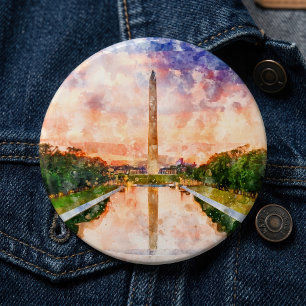 Waterverf Zonsondergang Reflectie Washington Monum Ronde Button 6,0 Cm