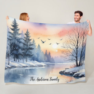Waterverf Zonsopgang Winter Vogels Meer Persoonlij Fleece Deken