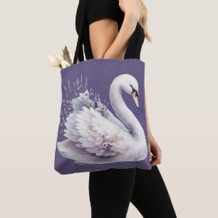 Waterverf zwaan met lavendelbloemen draagtas