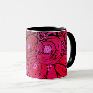 waterverf zwart bruin bloempatroon zwart, mok