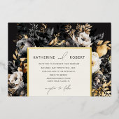 Waterverf Zwart Goud Bloemen Bruiloft Folie Uitnodiging (Voorkant)