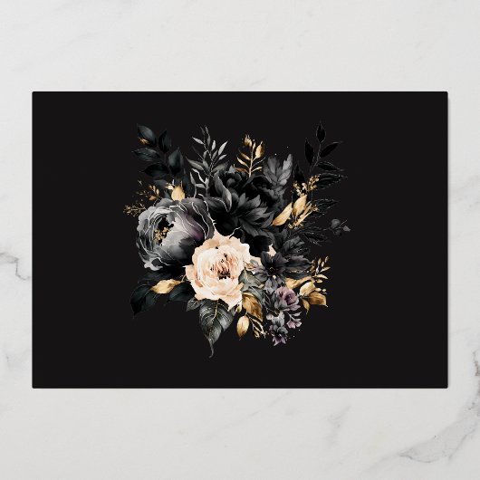 Waterverf Zwart Goud Bloemen Bruiloft Folie Uitnodiging (Achterkant)