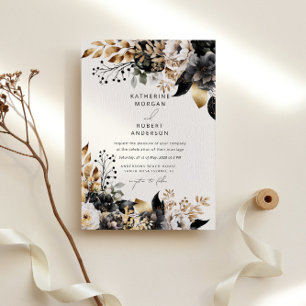 Waterverf Zwart Goud Bloemen Bruiloft Kaart