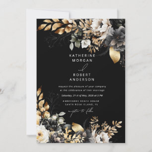 Waterverf Zwart Goud Bloemen Bruiloft Kaart