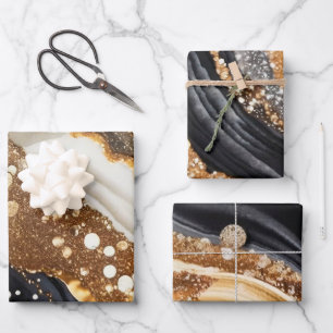 Waterverf Zwart & Goud Glitter Agate Alcohol Inkt Inpakpapier Vel
