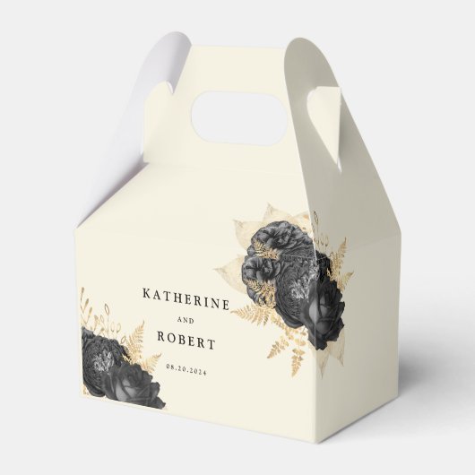 Waterverf Zwart Goud Rozen Monogram Bruiloft Bedankdoosjes (Voorkant Zijde)