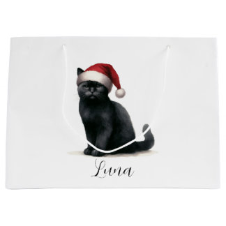 Waterverf Zwart Kat in Feestelijke Santa Hat Gift Groot Cadeauzakje