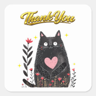 Waterverf Zwart Kat met Hart Bedankt Vierkante Sticker
