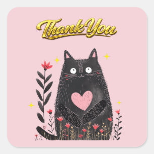Waterverf Zwart Kat met Hart Bedankt Vierkante Sticker