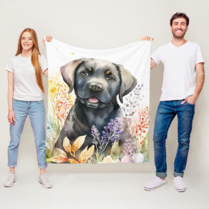 Waterverf Zwart Labrador Retriever en Bloemen Fleece Deken
