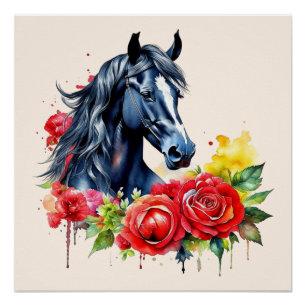 Waterverf Zwart Paard Rood Rozen Perfect Poster