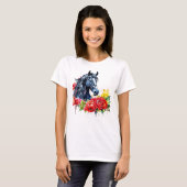 Waterverf Zwart Paard Rood Rozen T-shirt (Voorkant volledig)