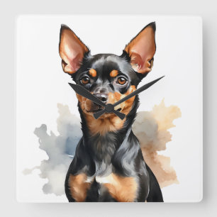 WATERVERF ZWART & TAN MINIATUUR PINSCHER DOG VIERKANTE KLOK
