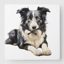 WATERVERF ZWART-WIT BORDER COLLIE DOG VIERKANTE KLOK