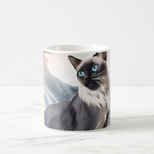 Waterverf Zwart-wit pluizige kat in Natuur Koffiemok