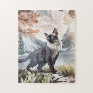 Waterverf Zwart-wit pluizige kat in Natuur Legpuzzel