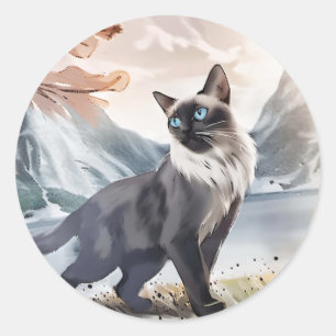 Waterverf Zwart-wit pluizige kat in Natuur Ronde Sticker