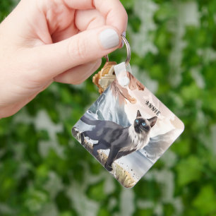 Waterverf Zwart-wit pluizige kat in Natuur Sleutelhanger