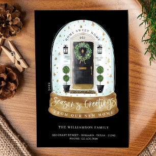 Waterverf zwarte deur sneeuw Wereldbol Nieuwe star Feestdagenkaart