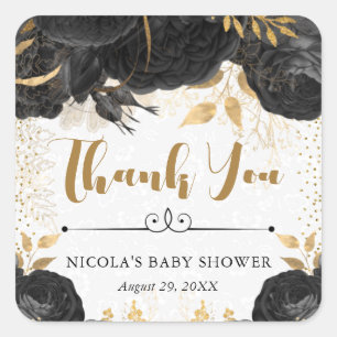 Waterverf Zwarte en Gouden Bloemen Baby Shower Vierkante Sticker