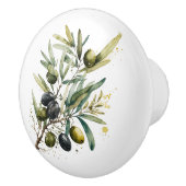 Waterverf zwarte en groene olijven op een tak keramische knop (Rechts)