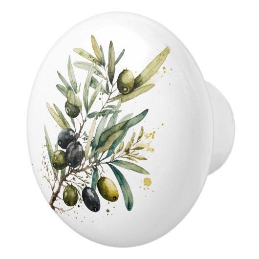 Waterverf zwarte en groene olijven op een tak keramische knop (Rechts)