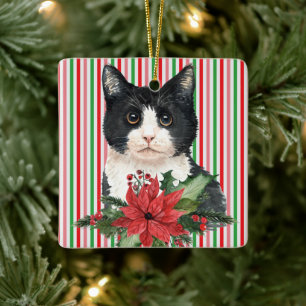 Waterverf zwarte en witte kat en poinsettia keramisch ornament