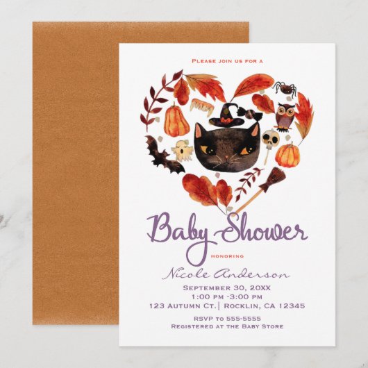 Waterverf Zwarte Kat Halloween Baby Shower Kaart (Voorkant / Achterkant)