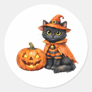 Waterverf zwarte kat in Halloween-kostuum  Ronde Sticker