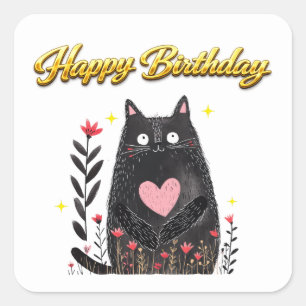 Waterverf Zwarte Kat Roze Hart Verjaardag Vierkante Sticker