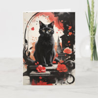 Waterverf Zwarte Kat Spat Kunst Bloemen Blanco