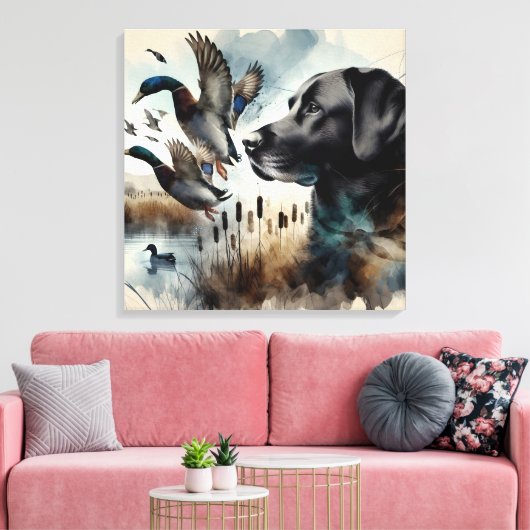 Waterverf zwarte labrador en eenden canvas afdruk (Insitu (Woonkamer))