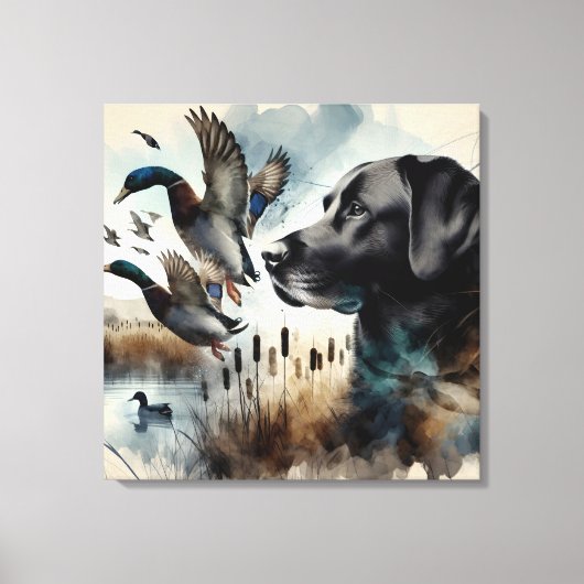 Waterverf zwarte labrador en eenden canvas afdruk (Voorkant)