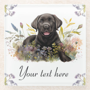 Waterverf Zwarte Labrador en Zomerbloemen Glazen Onderzetter