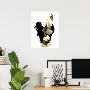 Waterverf Zwarte Witte Haan Kippen Boerderij Vogel Poster