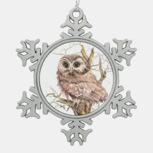 Waterverf Zww Whet Owl Bird Natuur Art Tin Sneeuwvlok Ornament