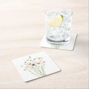 Waterverfboeket van wilde bloemen vierkante kartonnen onderzetter