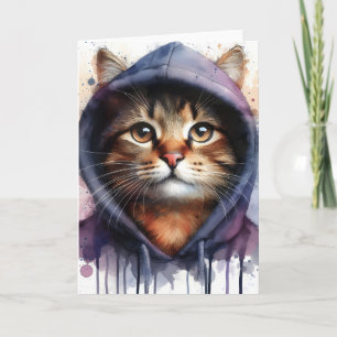 Waterverfkat in blauwe paarse hoodie spatlap kunst kaart