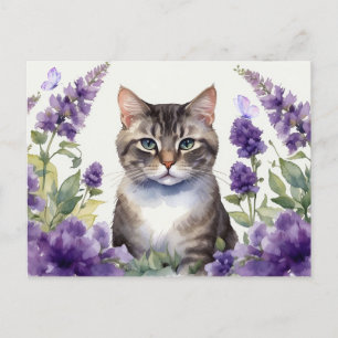 Waterverfkat met lavendelbloemen  briefkaart