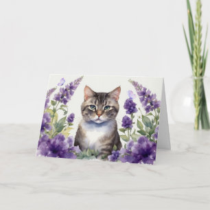 Waterverfkat met lavendelbloemen kaart