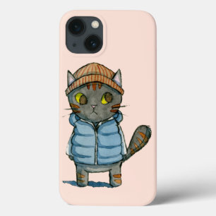Waterverfkat met muts en donsvest iPhone 13 hoesje