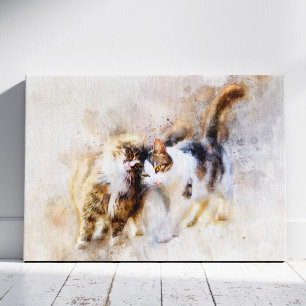 Waterverfkatten die elkaar knuffelen in zachte abs canvas afdruk