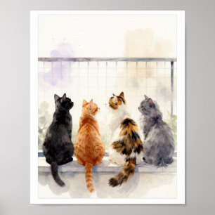 Waterverfkatten op balkon – Muurkunst voor kattenl Poster