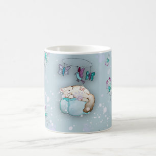 Waterverfpatroon knuffel slaap katjes en hun koffiemok