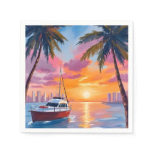 Waterverfschilderij Miami Beach Boat Bay Zonsonder