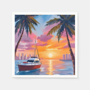 Waterverfschilderij Miami Beach Boat Bay Zonsonder Servet