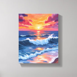 Waterverfschilderij Oceaan Zonsondergang Strandgol Canvas Afdruk