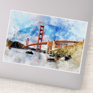 Waterverfschilderij van de Golden Gate Bridge in S Sticker