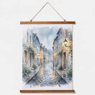 Waterverfschilderij van een Europese klinkerstraat Hangend Wandkleed