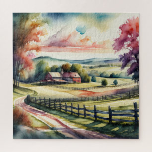 Waterverfschilderij van een landelijk landschap legpuzzel
